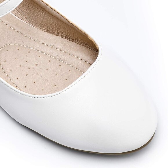 Trary Women White Leather Round Toe Ankle Strap Comfortable Ballet Flats Shoes - Picture 2 of 7